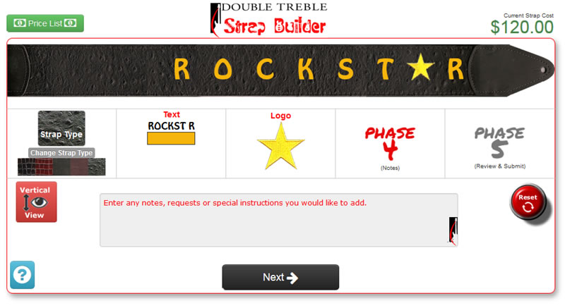 Here is a screenshot showing our spectacular guitar strap builder tool.  Now its easy to visualize your custom leather guitar strap before you buy.